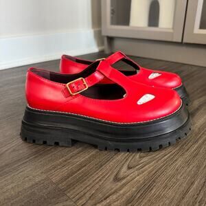 Burberry Aldwych Red Leather T-Bar Platform Flats 37.5 Black Chunky Mary Jane